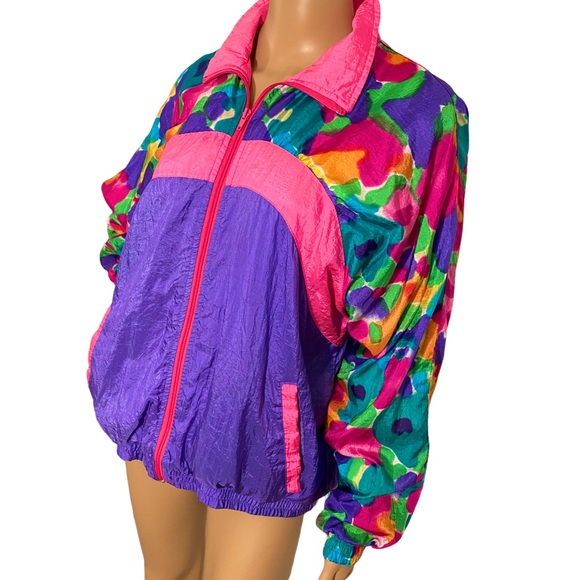 VINTAGE BLAIR BOUTIQUE NEON WATERCOLOR WINDBREAKER  SZ L - Picture 4 of 16